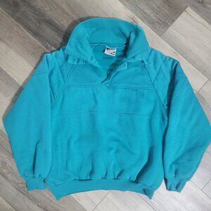Vintage 80s Teal Freelance Sports Pullover M Button Funnel Neck with Repair